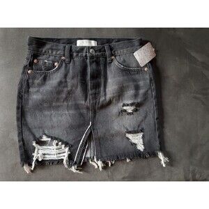 Free People We the Free Skirt Black Distressed Denim Split Hem Size 24 New